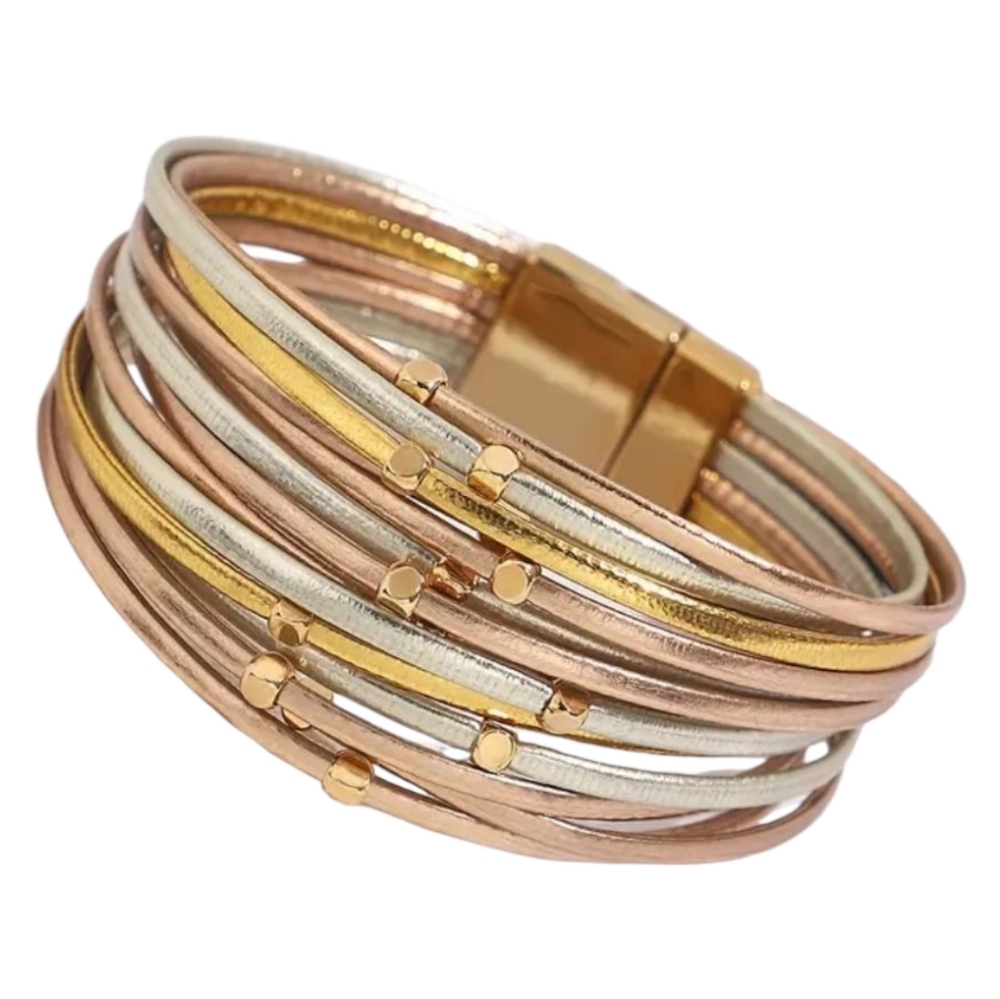 Gold, Silver & Rose Gold Multi Layer Faux Leather Bracelet with Magnet Closure - Picture 1 of 3